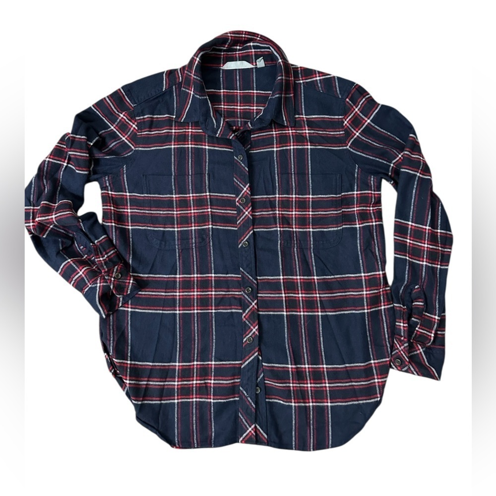Athleta flannel SOFT Button Down Red Blue Checkered sz M petite